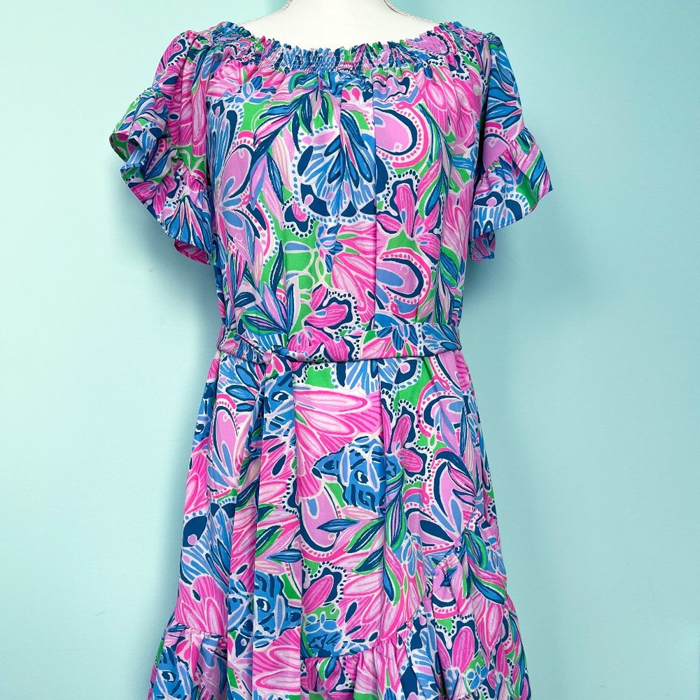 Lilly Pulitzer Dress Maddlyn Off Shoulder Sunrise Medium - Picture 1 of 7